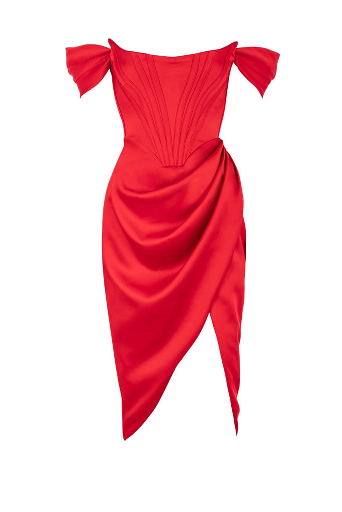 JASMINE - Kırmızı Saten Korseli Yırtmaçlı Mini Elbise