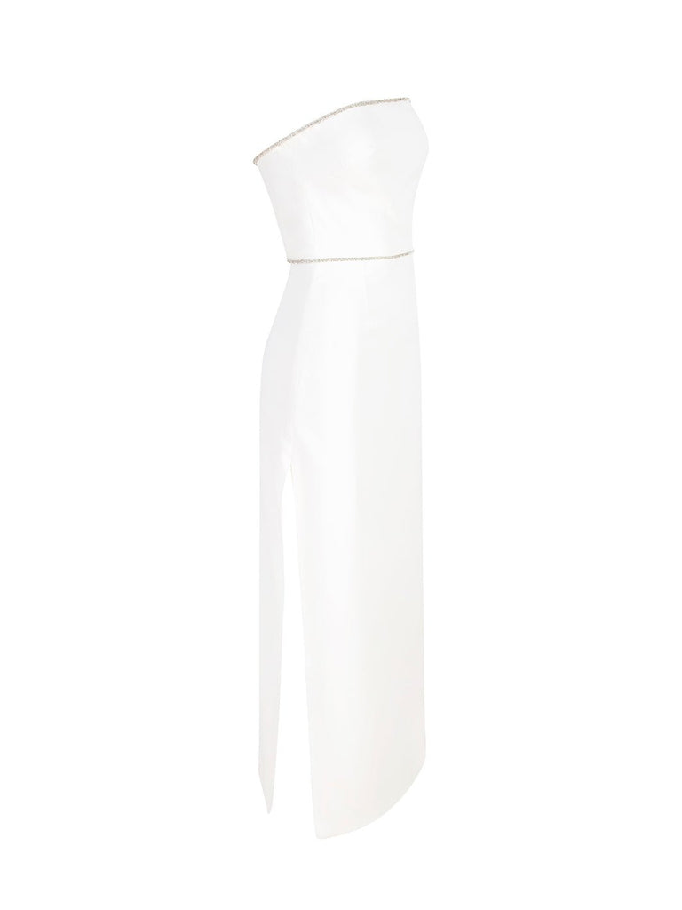ZELDA - Beyaz Savoroski Taşlı Straplez Midi Elbise
