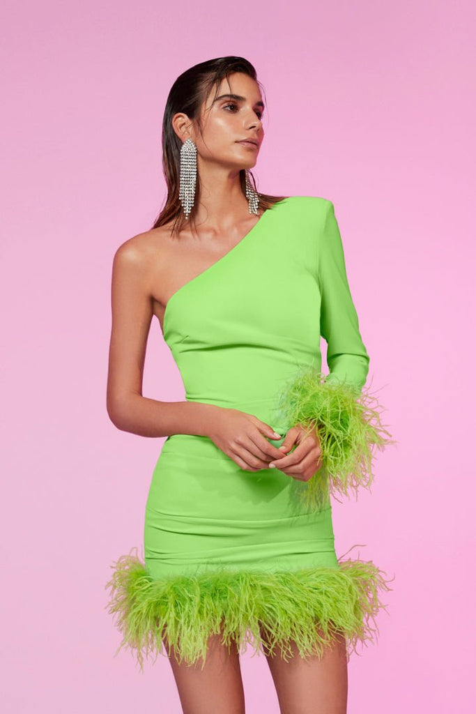 AMARA - Yeşil Tek Omuzlu Mini Elbise