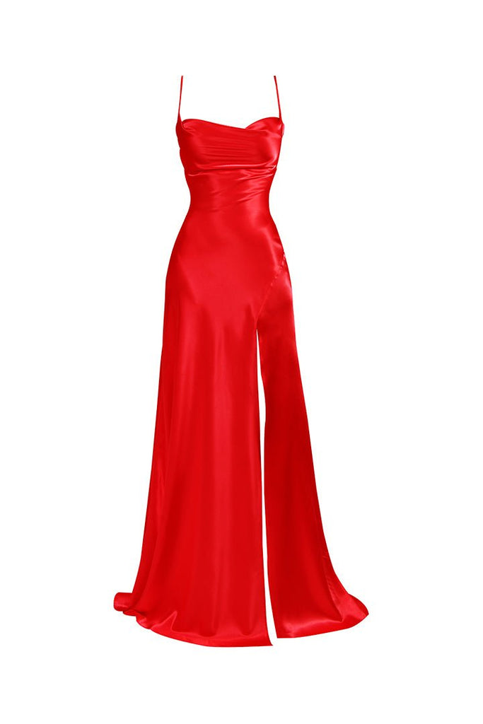 AURE - Kırmızı Saten Yırtmaçlı Uzun Elbise