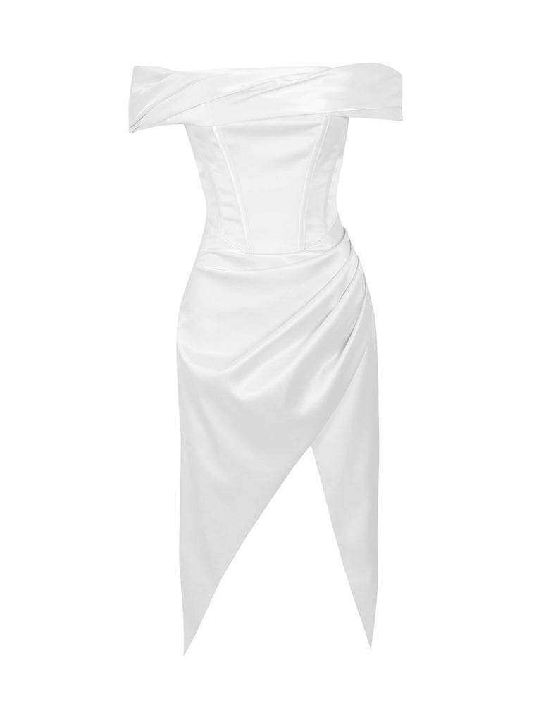 CHARLOTTE - Beyaz Saten Kayık Yaka Midi Elbise