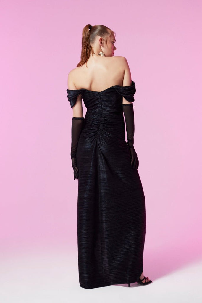 CLEO - Siyah Düşük Kol Uzun Gece Elbisesi