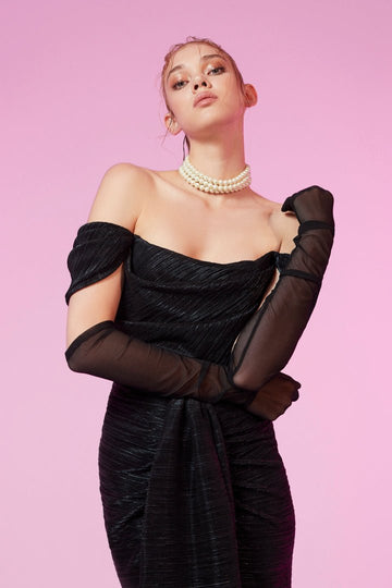 CLEO - Siyah Düşük Kol Uzun Gece Elbisesi