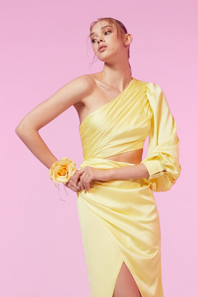 DENISA - Sarı Tek Omuz Kruvaze Yırtmaçlı Elbise