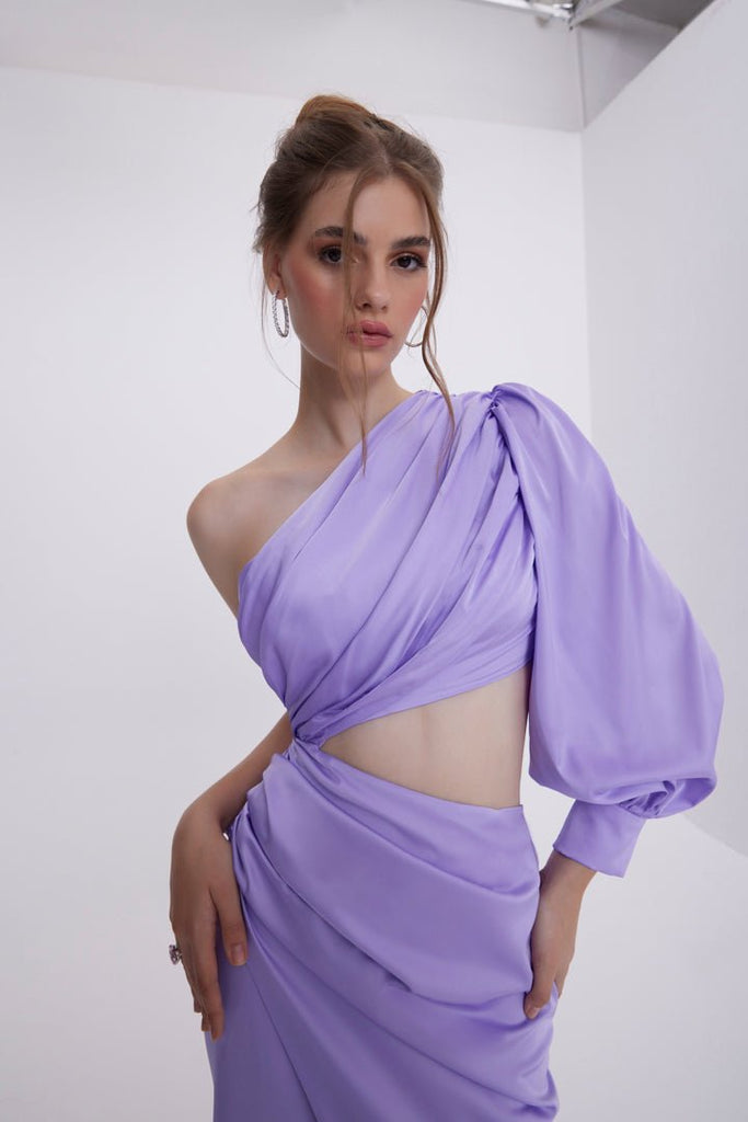 DENISA - Lila Tek Omuz Kruvaze Yırtmaçlı Elbise