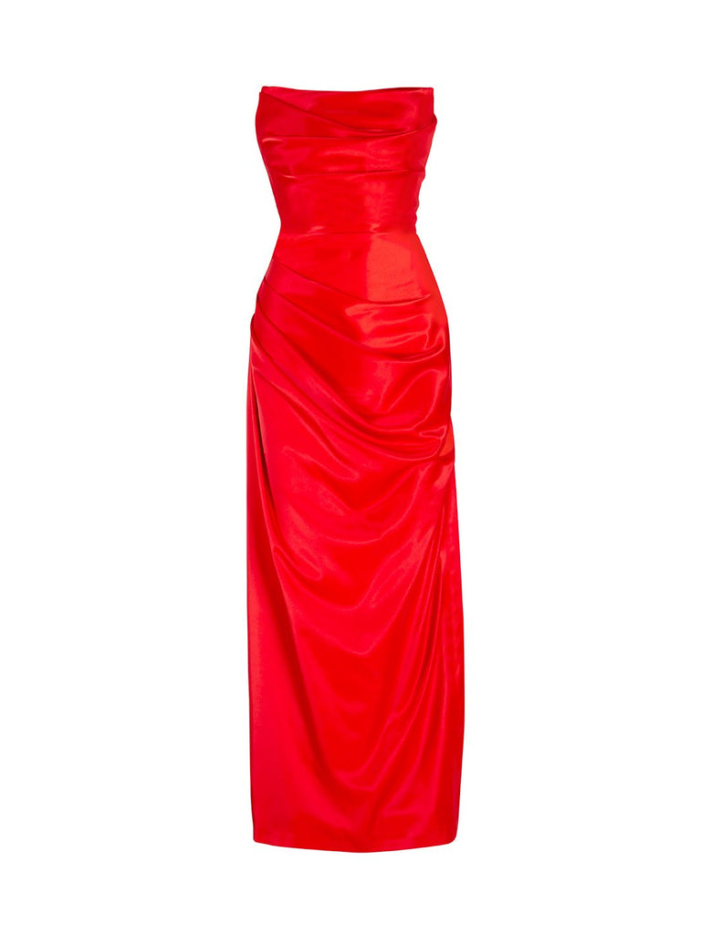 DOUTZEN - Kırmızı Straplez Uzun Saten Elbise