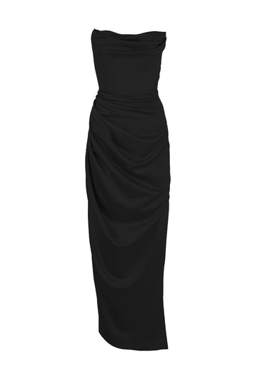 DOUTZEN - Siyah Straplez Uzun Saten Elbise