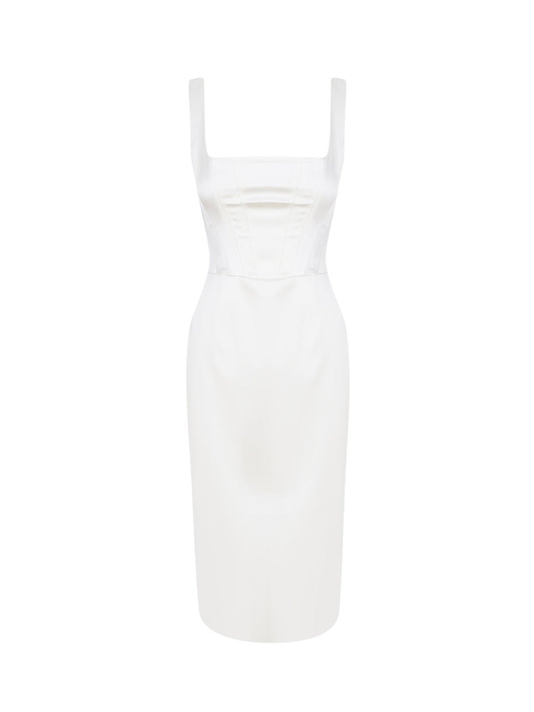 GOYA - Beyaz Saten Balenli Midi Elbise