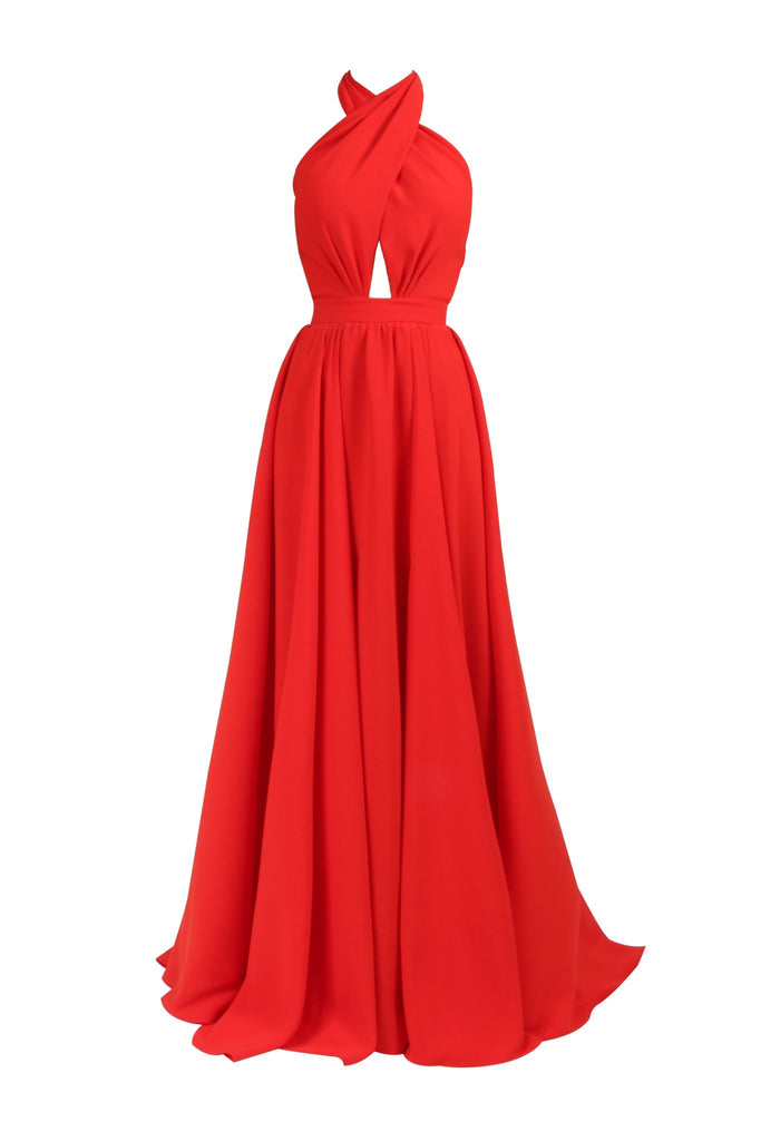 HELENIA - Kırmızı Bağlamalı Yırtmaçlı Uzun Elbise 