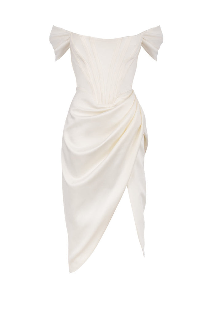 JASMINE - Beyaz Saten Korseli Yırtmaçlı Mini Elbise