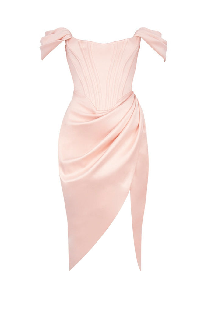 JASMINE - Pudra Saten Korseli Yırtmaçlı Mini Elbise