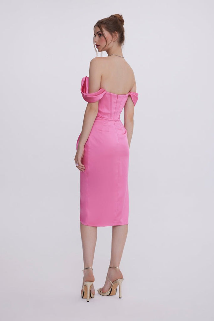 JASMINE - Pembe Saten Korseli Yırtmaçlı Mini Elbise
