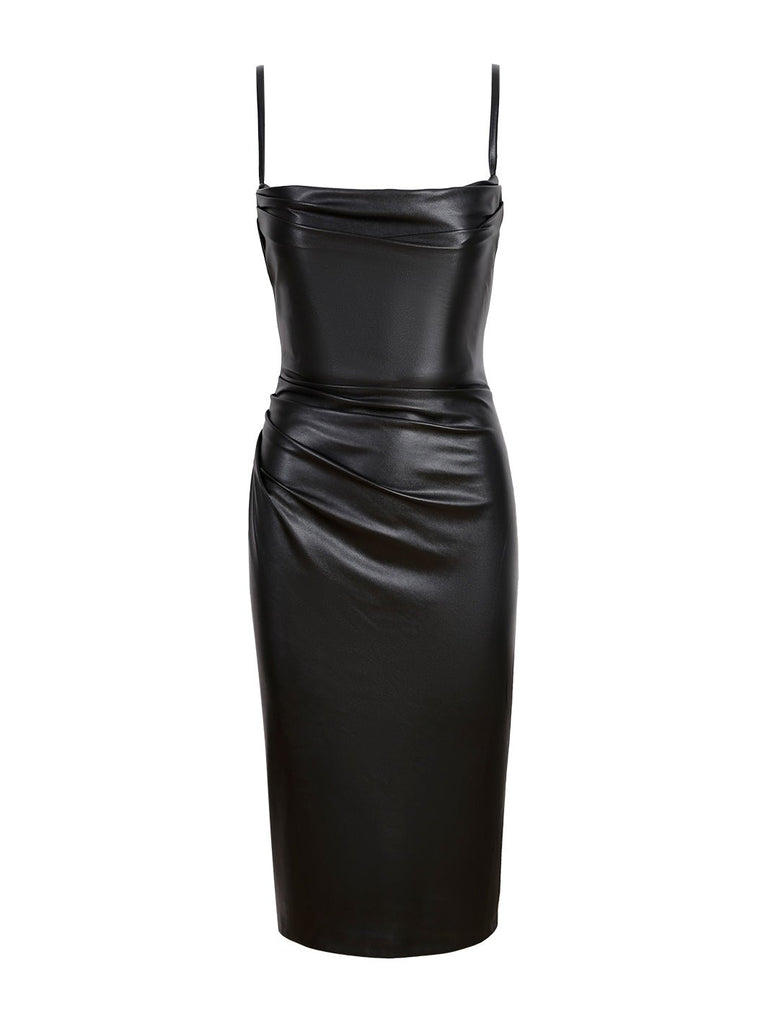KATE - Siyah Suni Deri İp Askılı Midi Kalem Elbise