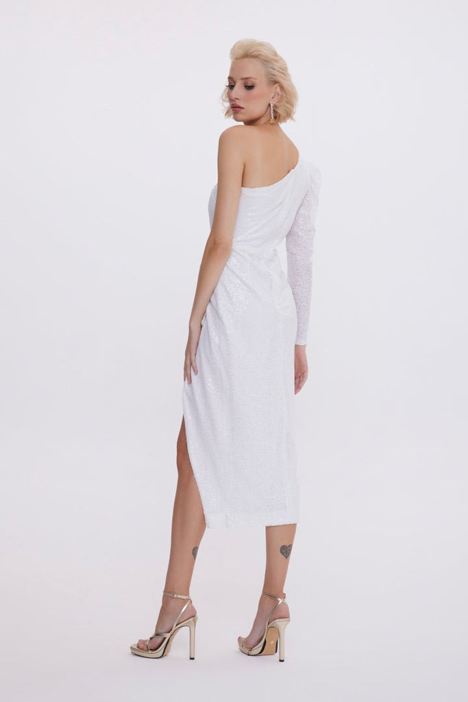 SNOWY - Beyaz Payet Tek Omuz Midi Elbise