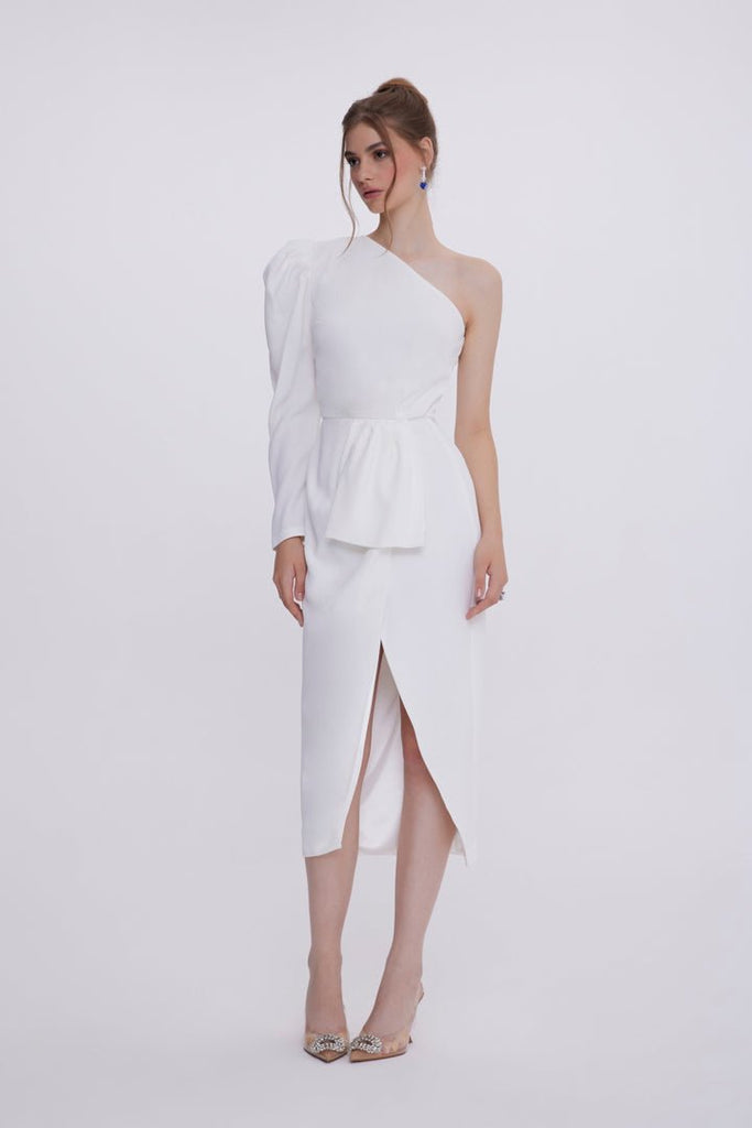 SNOWY KREP - Beyaz Krep Tek Omuz Midi Elbise