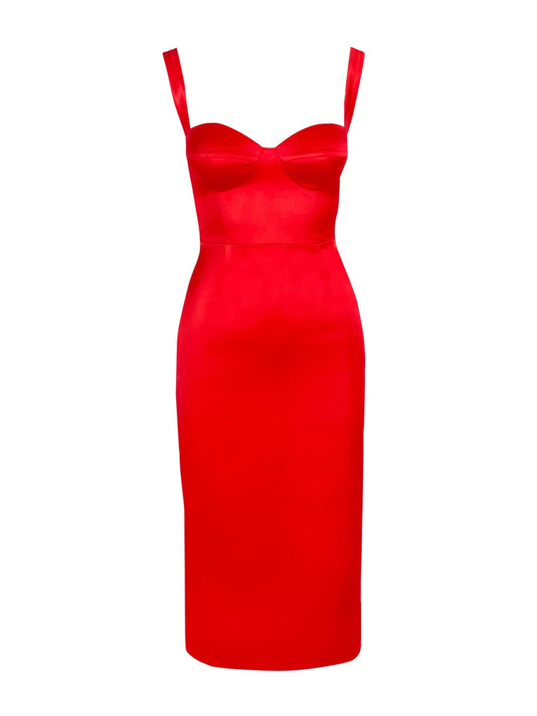 TESSA - Kırmızı Saten Askılı Kalem Midi Elbise